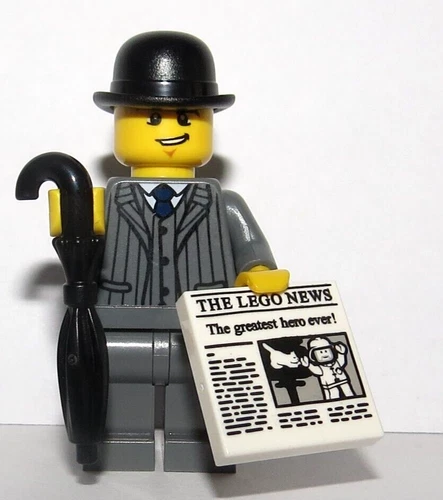 LEGO Business Man  Minifigure Grey Suit Bowler Hat Umbrella Newspaper
