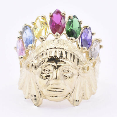 Men's Huge Native American Indian Head Rainbow Solid 10K Yellow Gold ALL SIZES