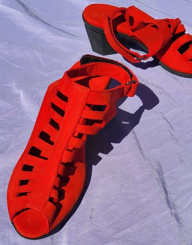 Arche Nubuck Caged Cutouts Open Toe Block Heel Red Size 37 US Size 6-6.5 Baddie - Picture 16 of 24