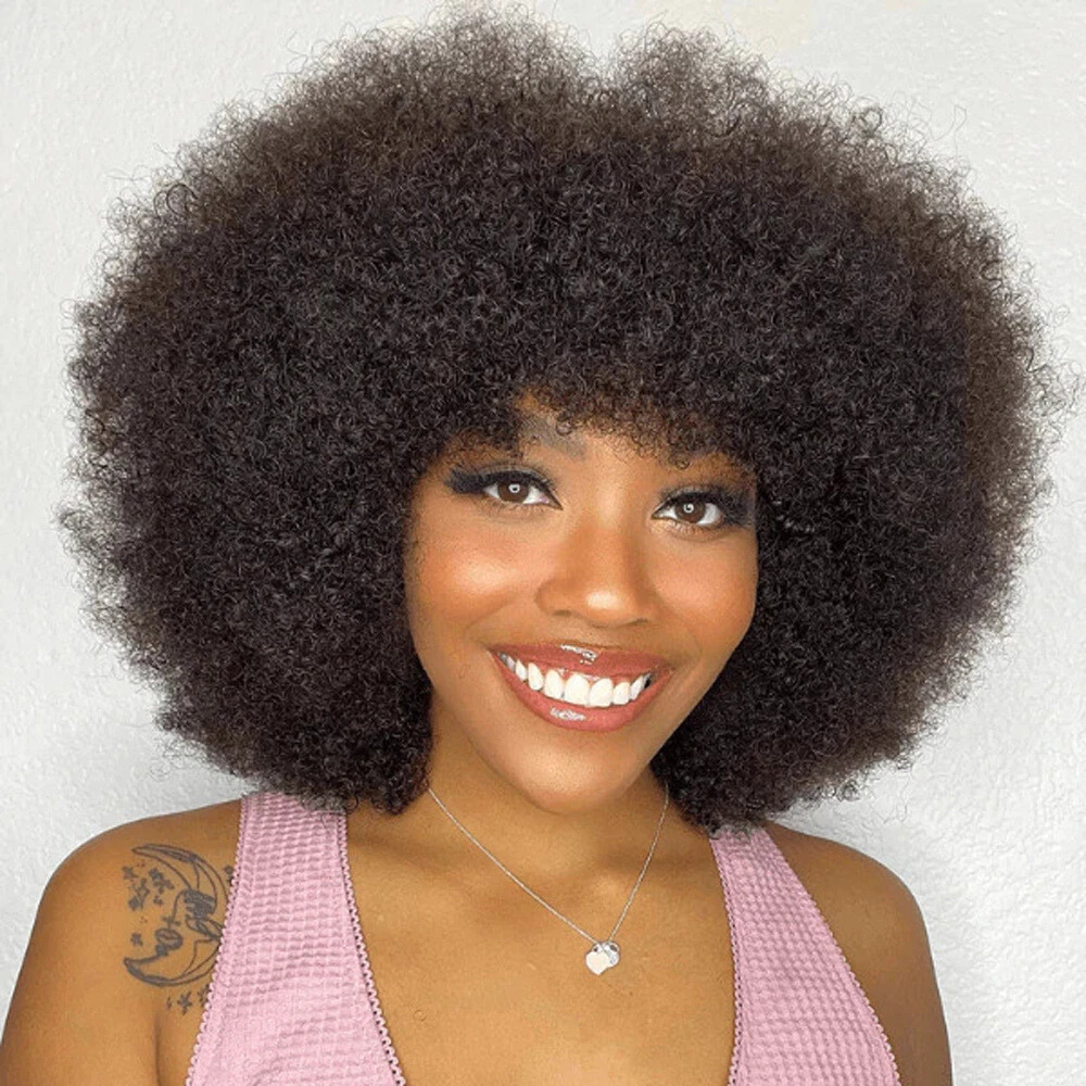 Pixie Afro Kinky Curly Wigs With Bangs Human Hair Afro Wigs for Black Women