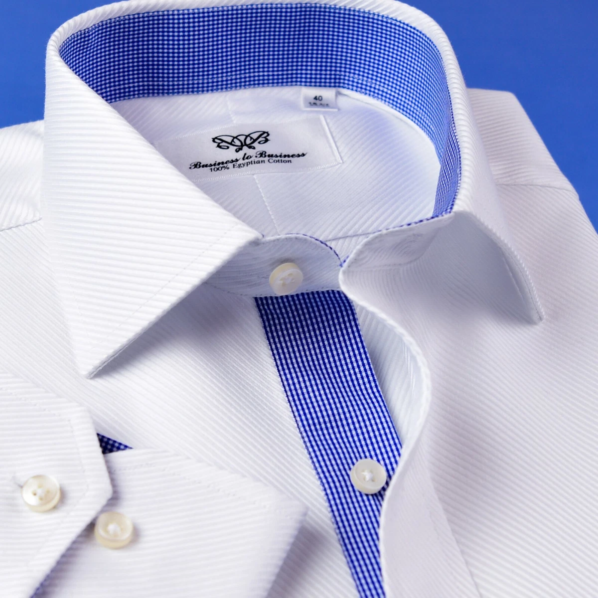 White Twill Formal Business Dress Shirt With Blue Check Inner Lining Single Cuff
