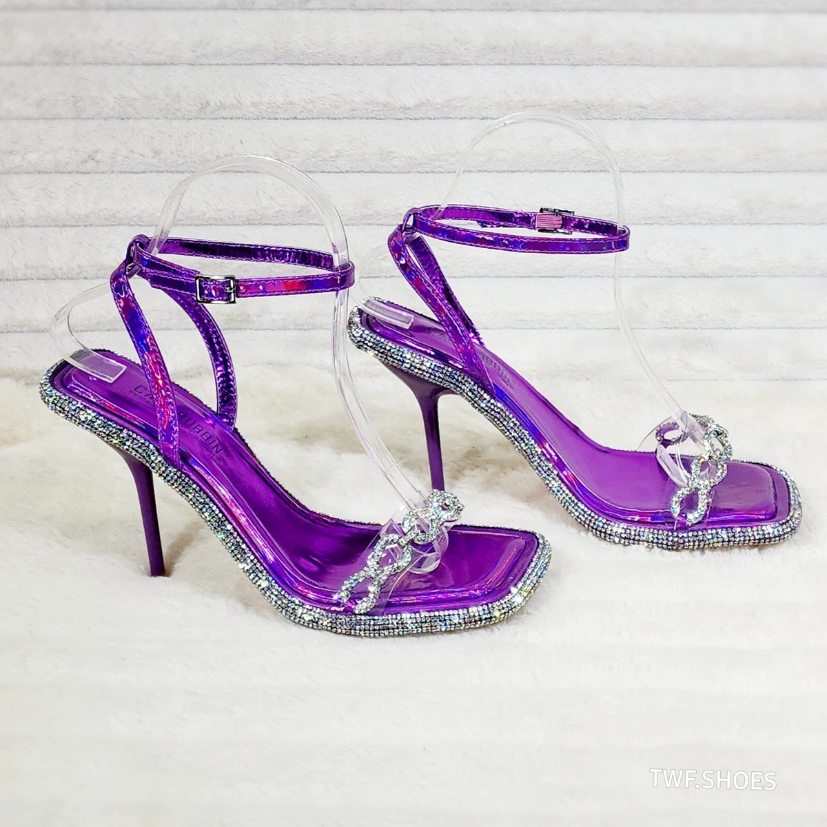 Mini .5 Rhinestone Platform Purple Hologram Upper Wrap Strap Heels Baily