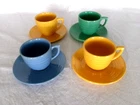 4 Vintage BAUER POTTERY RING WARE CUPS & SAUCERS - 3 Colors