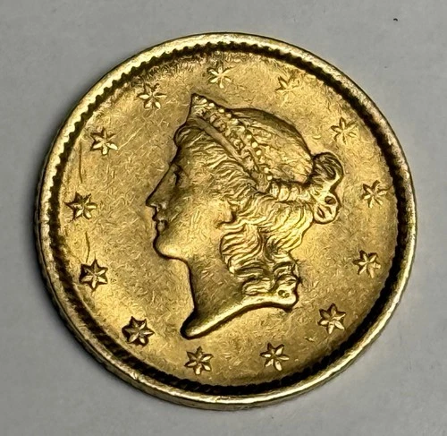 AU+ 1851 Liberty Head Gold Dollar (rev damage) U.S. $1 Type 1 Coin Almost UNC