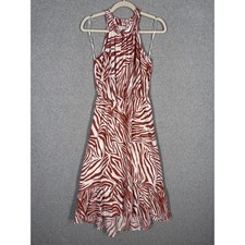 Nine West Tiered Midi Dress Small Brown Zebra Print Halter Hi Lo Ruffle Peasant
