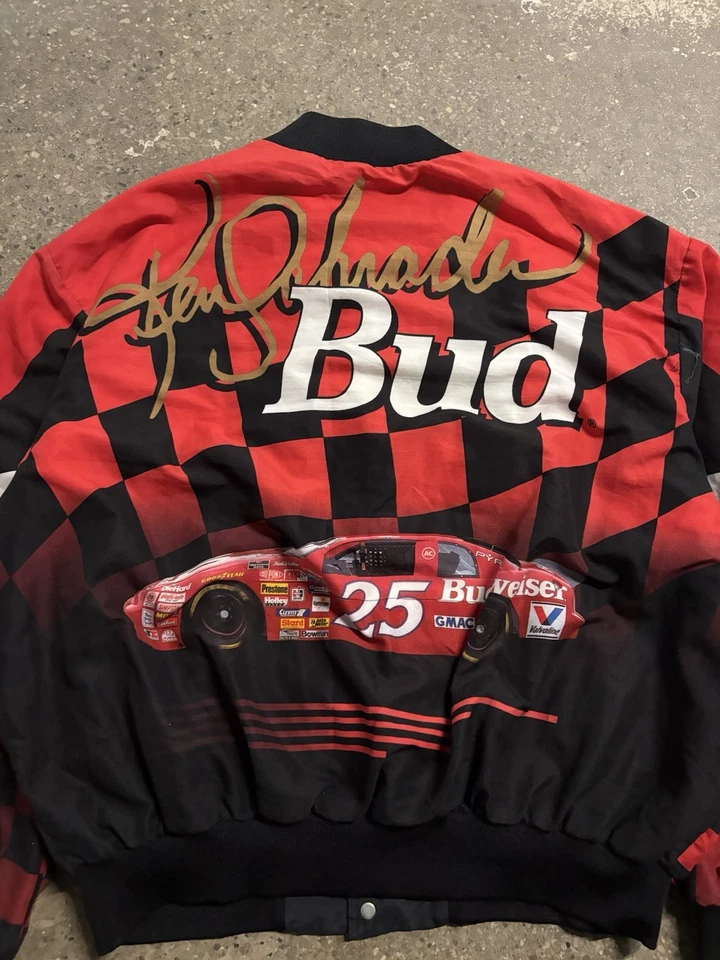 Vintage 90s Budweiser Nascar Racing Ken Schrader All Over Print Button Up Jacket - Image 4 of 4