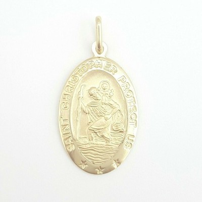 14k solid yellow gold oval saint Christopher pendant charm fine religious 2.9g
