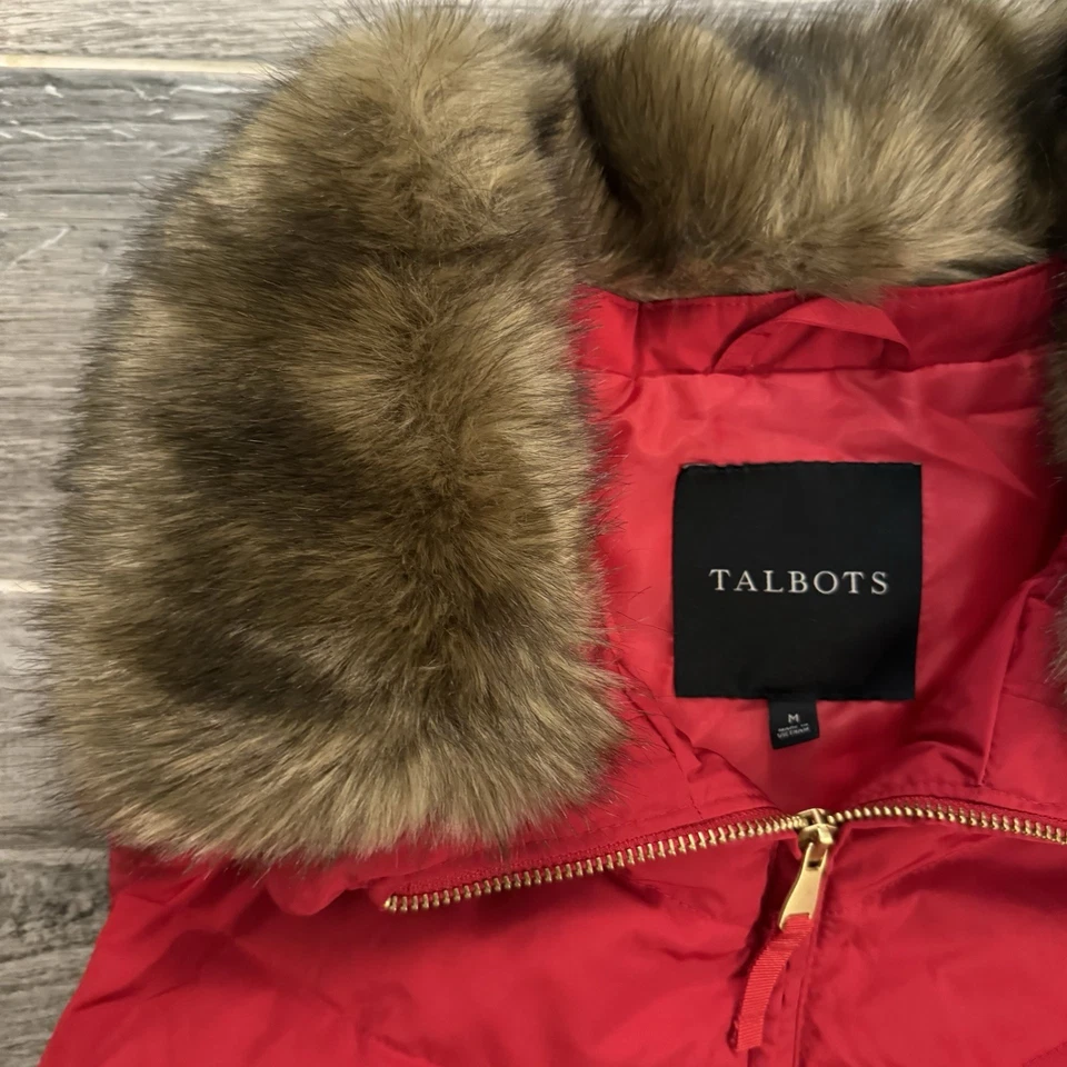 Talbots Puffer Vest Removable Faux Fur Lined Collar Down Filled Red M - Image 3 of 4