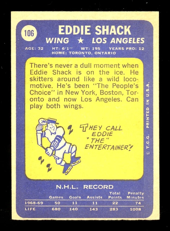 1969-70 TOPPS NHL HOCKEY #106 Eddie Shack HOF VG-EX L A Kings Maple Leafs Card - Image 2 of 2
