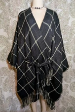 NWT H Halston Black Beige Plaid Belted Ruana Drape Wrap Cardigan Shawl One Size