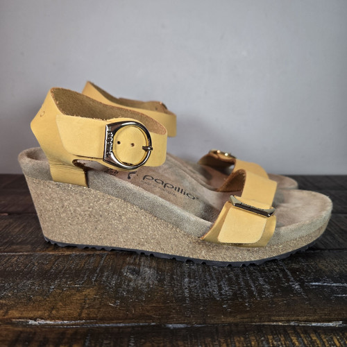 Papillio Soley Wedge Womens 8 EU 39 Narrow Leather Sandals Yellow Brown