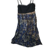 Blue Black Lace Bodice Floral A-Line Short Dress Adjustable Spaghetti Straps