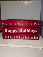 red Happy Holidays wooden crate Holiday decor box storage seasonal Christmas box