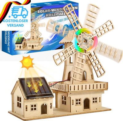STEM Solarbetriebenes 3D Holzpuzzle Bausatz,Diy Windmühlen-Haus Holzbausatz,Krea