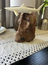 Vtg John Perry Shark Statue Burlwood Nautical signed stamped 90 Large 6" Burl