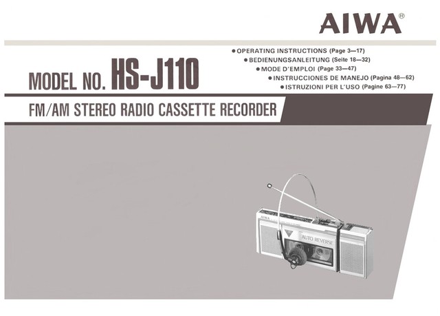 AIWA HS-J110 HS J110 - BOOMBOX INSTRUCTIONS USER OWNER'S MANUAL -EN DE FR ES IT AIWA HS-J110 HS J110 - BOOMBOX INSTRUCTIONS USER OWNER'S MANUAL -EN DE FR ES IT