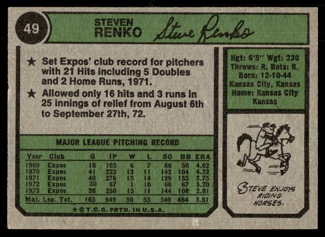 1974 Topps Baseball Card Steve Renko Montreal Expos #49 EX | eBay