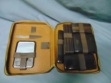 Vintage brown leather travel case mirror brushes razor toothbrush soap container