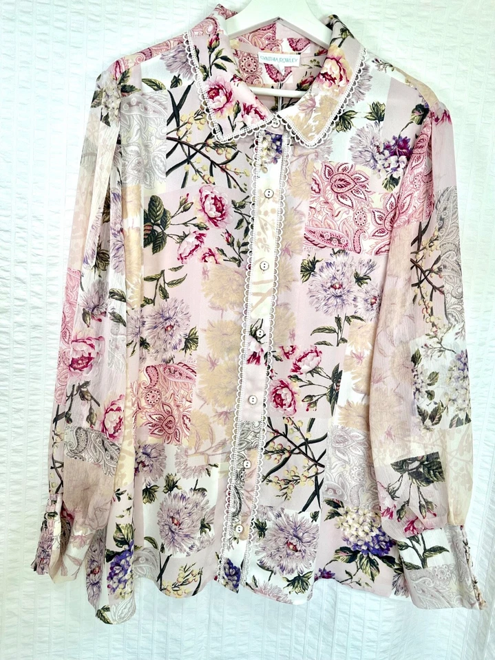 Синтия Роули цветочный повседневный блузка на пуговицах по всему пион печати размер XXL