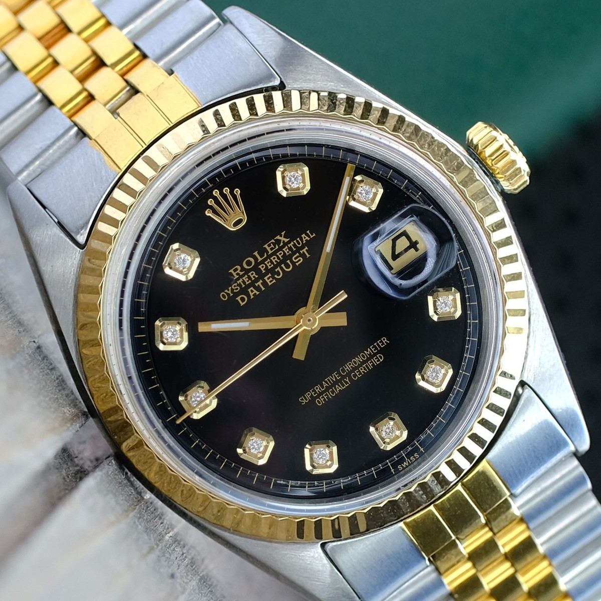 Rolex Mens Datejust Gold Steel Black Diamond Dial Jubilee 36mm