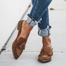 Womens Casual Slip-On Tassel Flats Loafer Oxfords Shoes Suede Pointed Toe Mules