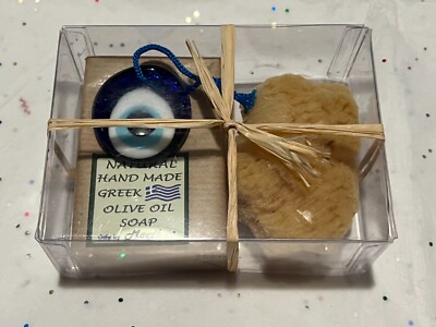 3PC Set Pure Greek Handmade Olive Oil Soap, Loaf Sponge & Glass Evil Eye