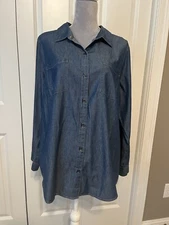 NEW ANA A New Approach Chambray Cotton/Lyocell Blouse Top Sz 1X  Roll Tab Sleeve