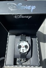 Disney Mickey Accutime Watch Silver Stainless Steel- Black Leather/Womens-New