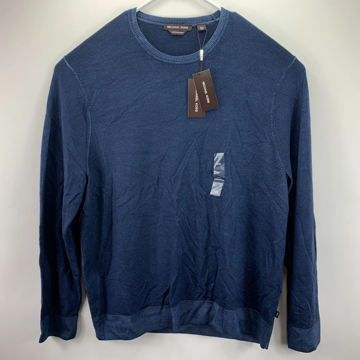 Michael Kors Mens Washed Extra Fine Merino Wool Crewneck Sweater Navy Blue 2XL