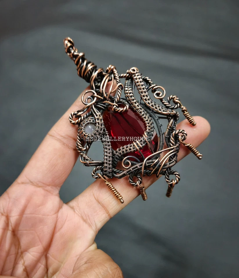 Colgante Granate Alambre de Cobre Envuelto Colgante Piedra Lunar Gema Colgante Joyería de Cobre Foto 2 de 4