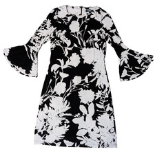 Chaps Black White Floral 3/4 Flutter Sleeve Dress Size 2