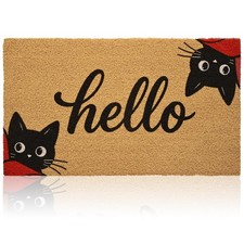 Front Door Mat for Entrance, 17x30 Hello Black Cat Welcome Mats with Heavy