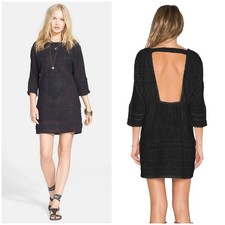 Free People Desert Song Black Embroidered Cut Out Back Shift Mini Dress Small