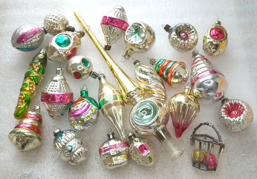 23 Vintage Christmas Mercury Glass Ornaments USSR Xmas Tree Antique Decorations
