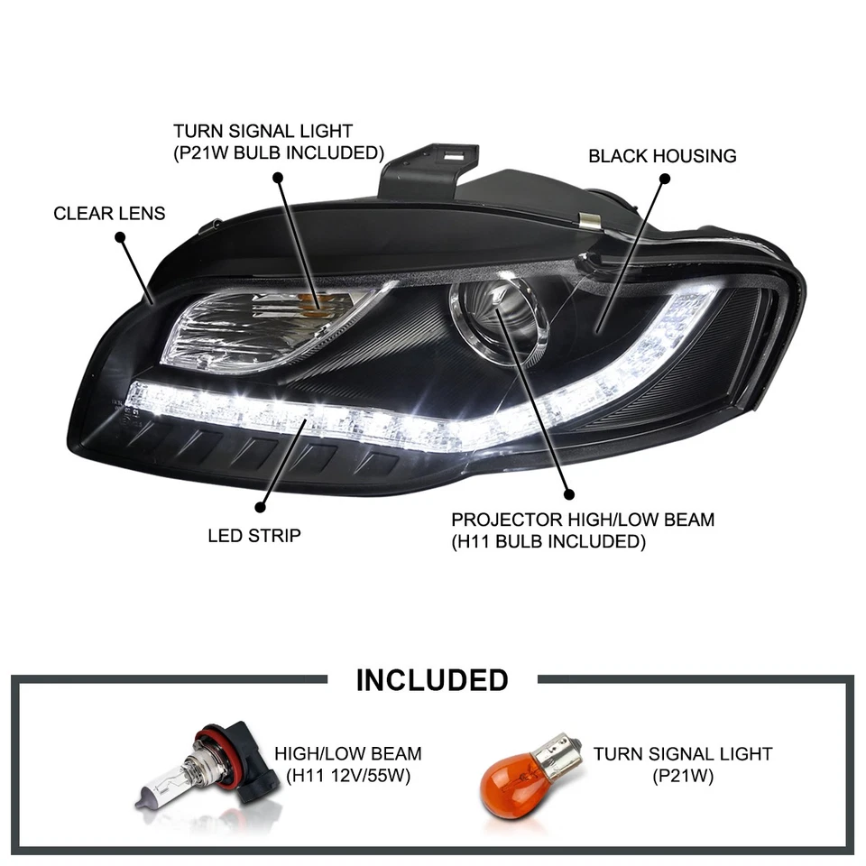 Black Fits 2006-2008 Audi A4 S4 B7 Projector Headlights Lamps w/ LED Strip DRL Foto 3 de 4