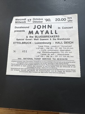 John Mayall bluesbreakers luxembourg 1990 Rare Ticket Stub