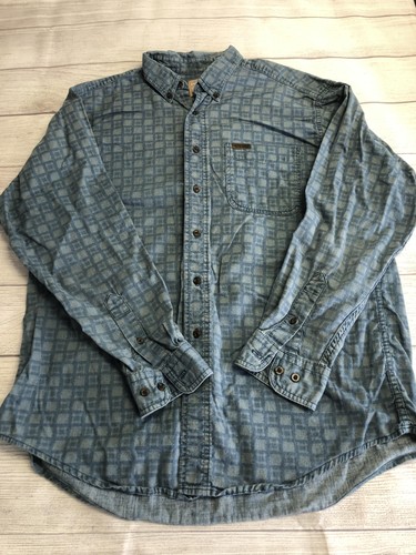 Woolrich Shirt Mens Large Blue Geometric Chambray Long Sleeve Button Up Outdoor