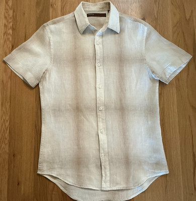 Perry Ellis 100% Linen Shirt Small Beige Sand Windowpane Short Sleeve