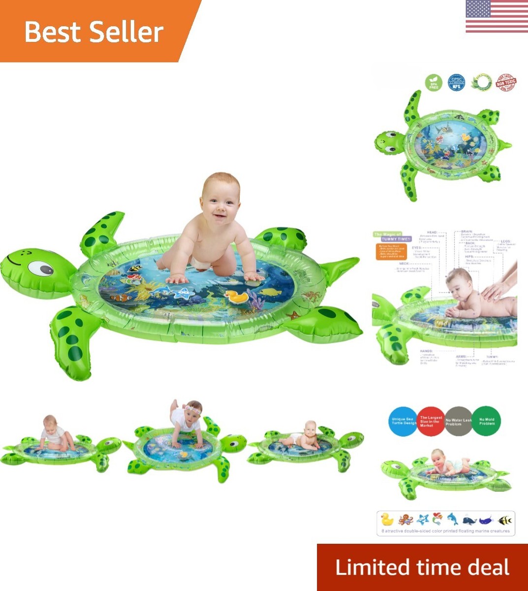 Inflatable Water Mat for Baby Sea Turtle Shape Promotes Motor
