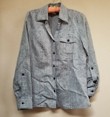 E.COL.O.GIE Women Small Blue Linen Button Up Shirt Casual Roll-Tab Sleeve Pocket