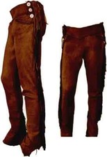 Men Native American Western BrownSoft Buckskin Buffalo Ragged Leather Pants