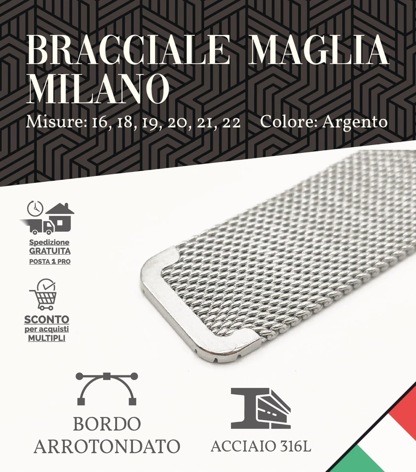 bracciale acciaio cinturino maglia milano 16 18 19 20 21 22 mm orologio vintage - Immagine 2 di 4