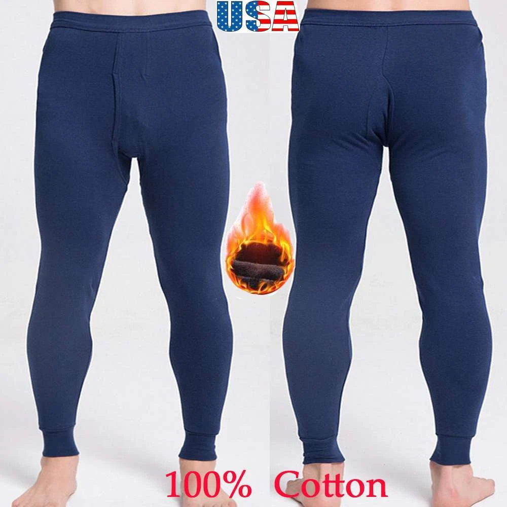 Men 100% Cotton Winter Fleece Lined Thermal Long Johns Bottom Nightwear  Pants US