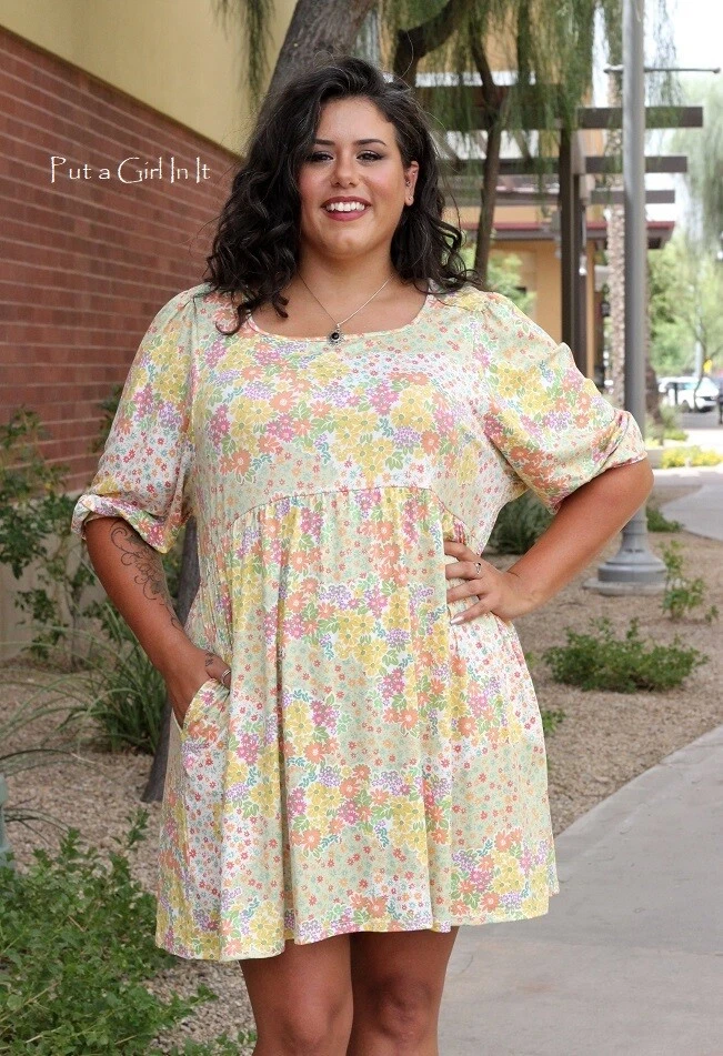 New PLUS SIZE Womens SOFT OLIVE YELLOW FLORAL BABYDOLL DRESS POCKETS 1X 2X  3X