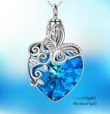 New Butterfly Blue Crystal Heart Cremation Urn Keepsake Ashes Memorial Necklace