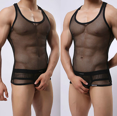 Manview Sexy Black Perforated Mesh Tank Top T-Shirt Black