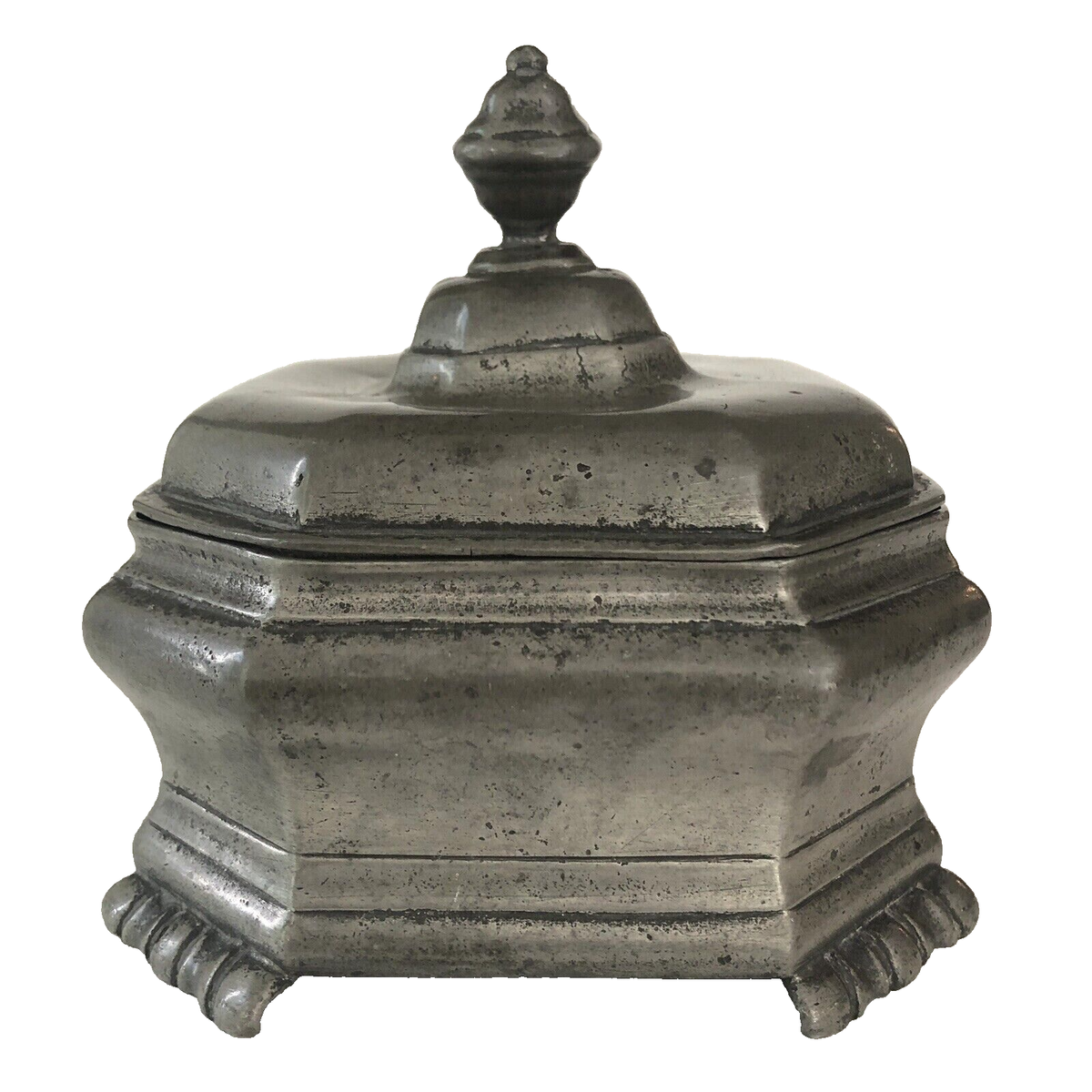 Antique Pewter Tobacco Jar Box Footed Vintage Octagonal Trinket Stamp Mark  JR