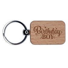 Birthday Boy Celebration Stars and Dots Engraved Wood Rectangle Keychain