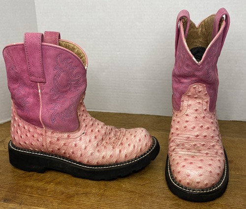 ARIAT Fatbaby Pink Western Boots Leather Ostrich Foot Suede Shaft Womens SZ 9 B