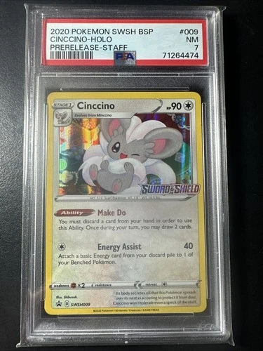 2020 POKEMON CINCCINO HOLO STAFF STAMP PROMO SWSH009 SWSH SWORD SHIELD PSA 7 NM